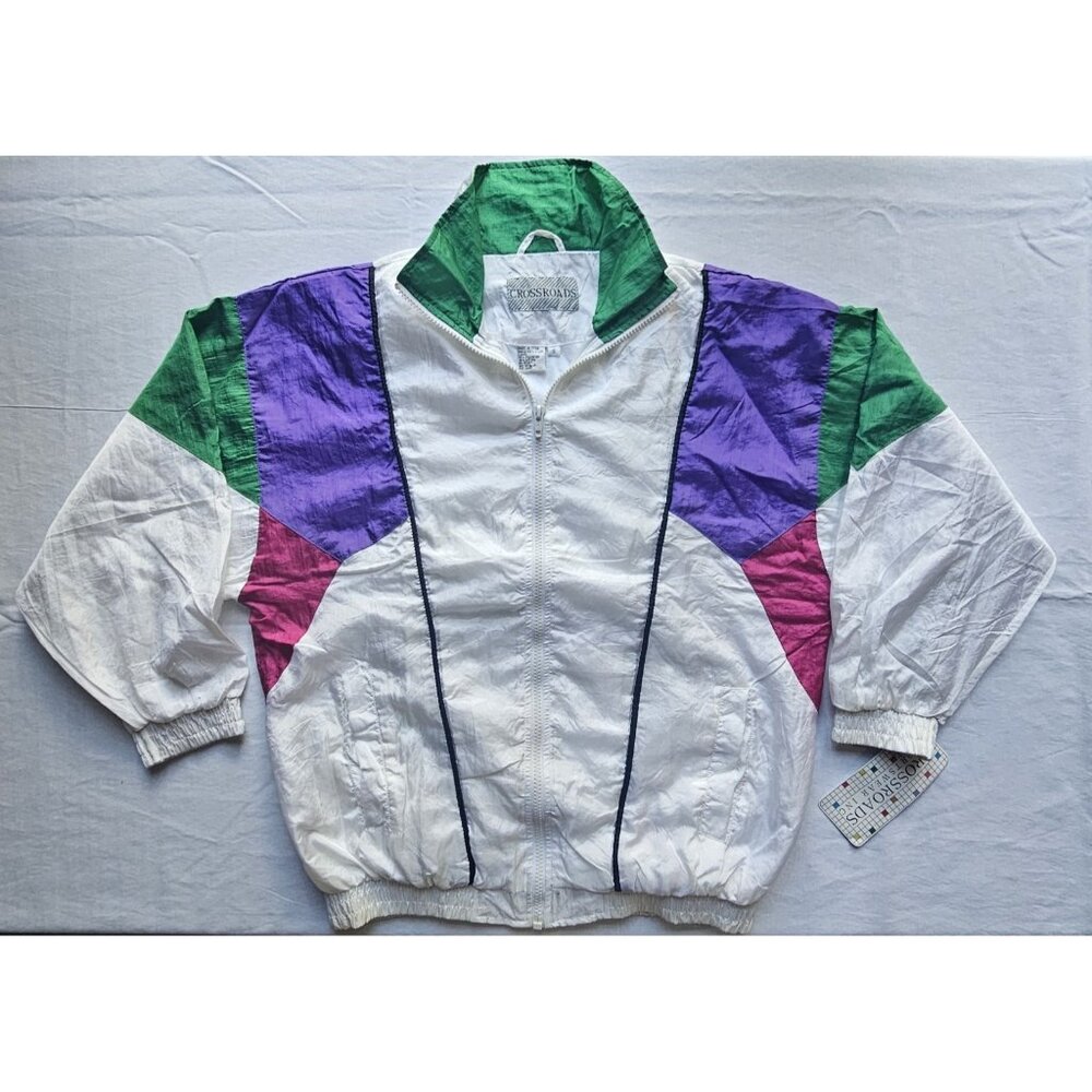 Vtg 80's 90's Crossroads White Multi-Color Zip-Up Nylon Windbreaker Womens Small